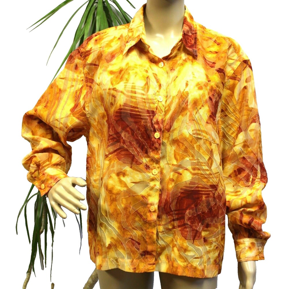 Units Womens‎ Blouse Size L Orange Geometric Print Button Front Cheerful Top